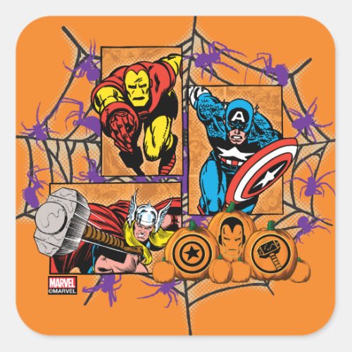 Classic Iron Man Captain America  Thor In A Web Square Sticker