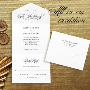 Classic Italian Elegance Black and White Wedding All In One Invitation