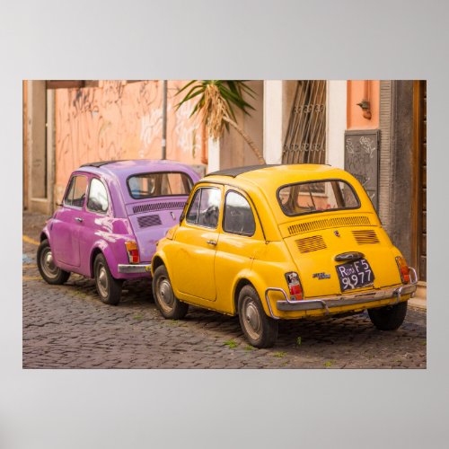 Classic italian Fiat 500 cars in Rome Italy Poster