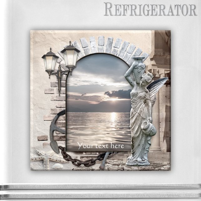 Classic Italian Nautical Art Magnet (Italian nautical magnet featuring a coastal scene with Roman arch, angel and lantern)