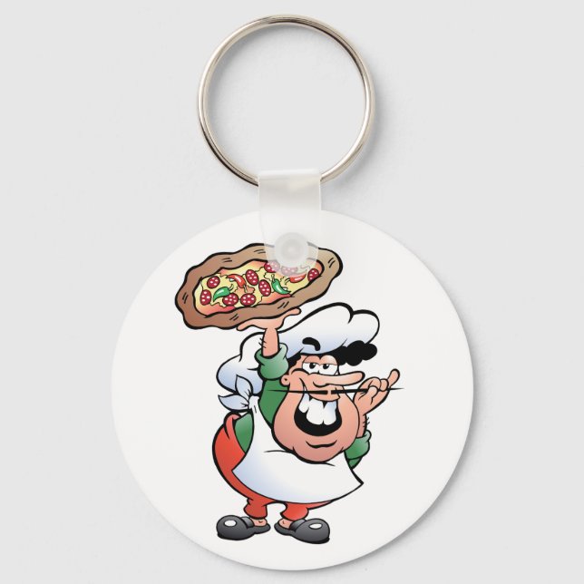 Classic Italian Pizza Chef Cartoon Keychain (Front)