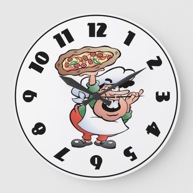 Classic Italian Pizza Chef Cartoon Large Clock (Front)