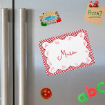 Classic Italian-Themed Red Checkered Custom Name Magnet<br><div class="desc">This beautifully designed magnet features delightful red illustrations of iconic Italian symbols such as pizza,  pasta,  and gelato,  framed by a classic red and white checkered border.</div>