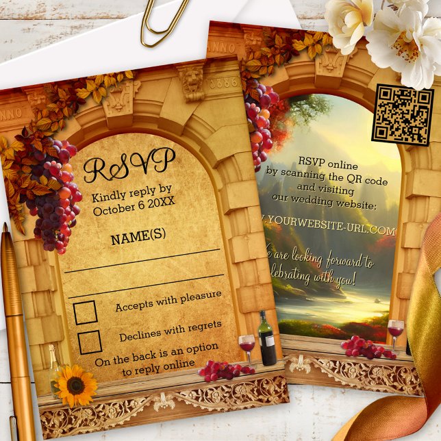 Classic Italian Winery or Vineyard RSVP Card (Classic Italian vineyard or winery RSVP card featuring a Roman arch with grapes and wine - QR code)