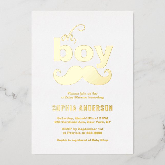 Classic It's a Boy Mustache Baby Shower Foil Invitation (Front)