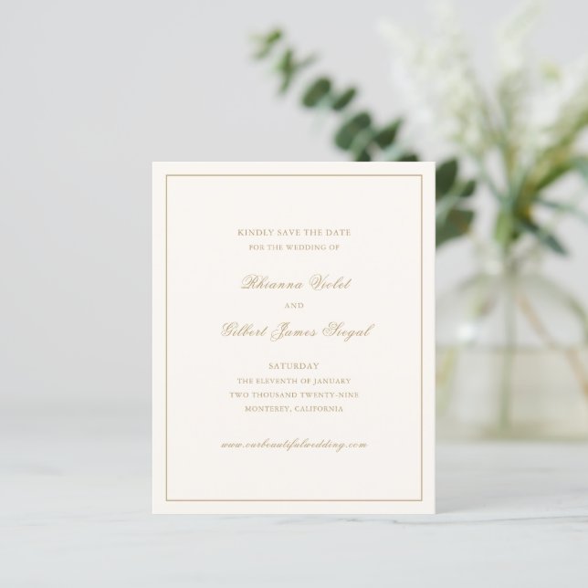 Classic Ivory and Gold Budget Wedding Save Date (Standing Front)