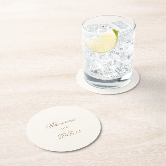 Classic Ivory and Gold Timeless Wedding Round Paper Coaster (Insitu)