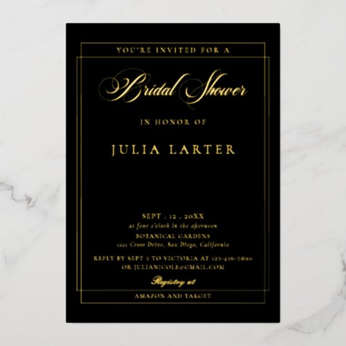Classic Ivory Black Calligraphy Bridal Shower Foil Invitation