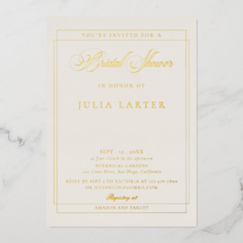 Classic Ivory Black Calligraphy Bridal Shower Foil Invitation