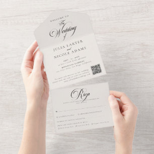 Classic Ivory Black Calligraphy QR Code Wedding  All In One Invitation