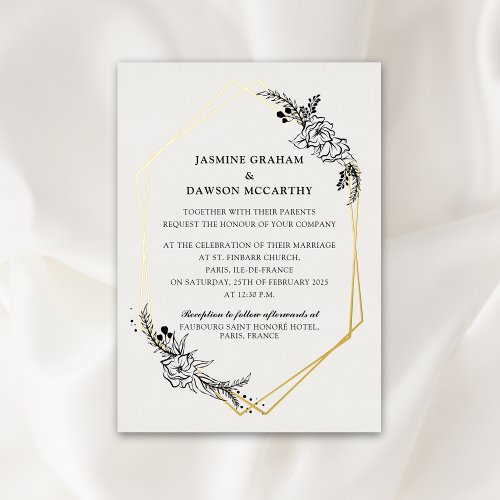 Classic Ivory Black Hand_Drawn Florals Gold Foil Invitation