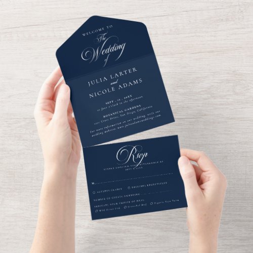 Classic Ivory Blue Calligraphy Wedding All In One Invitation