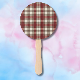 Classic Ivory Brown Rust Red Plaid Pattern Hand Fan