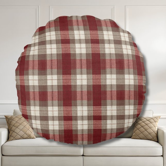 Classic Ivory Brown Rust Red Plaid Pattern Round Pillow (Creator Uploaded)