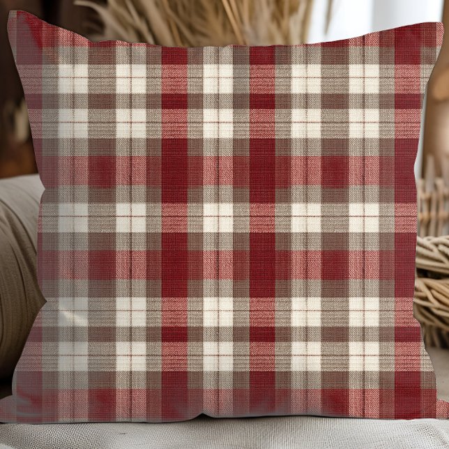 Classic Ivory Brown Rust Red Plaid Pattern Throw Pillow (Creator Uploaded)