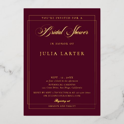 Classic Ivory Burgundy Calligraphy Bridal Shower Foil Invitation