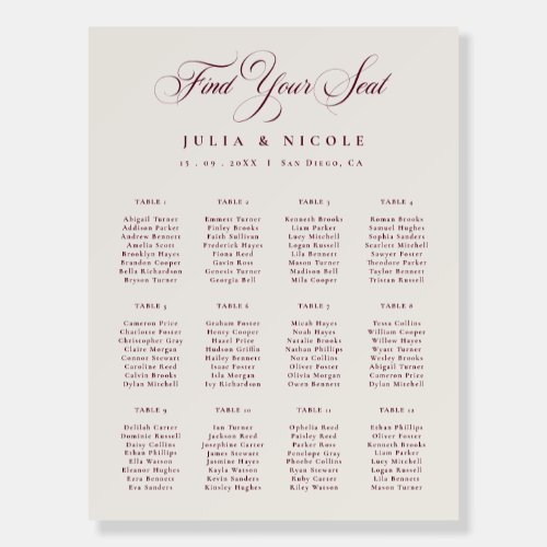 Classic Ivory Burgundy Wedding Seating Chart Sign