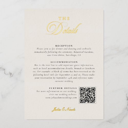Classic Ivory Calligraphy Wedding QR Code Details Foil Invitation
