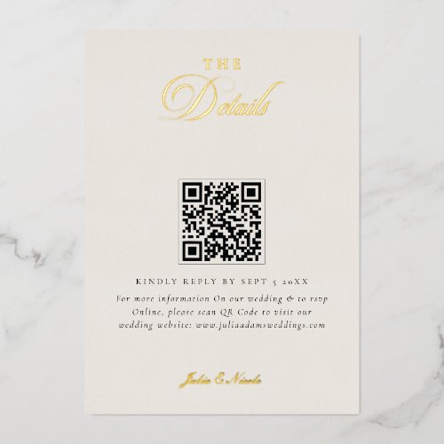 Classic Ivory Calligraphy Wedding QR Code Details Foil Invitation
