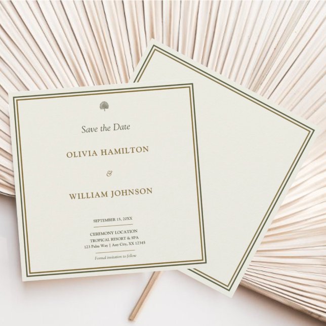 Classic Ivory & Gold Monogram Square Save The Date (Elegant ivory & gold Save the Date with monogram back—timeless, refined, and personal.)