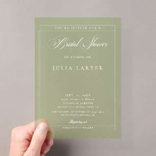 Classic Ivory Green Calligraphy Bridal Shower Acrylic Invitations