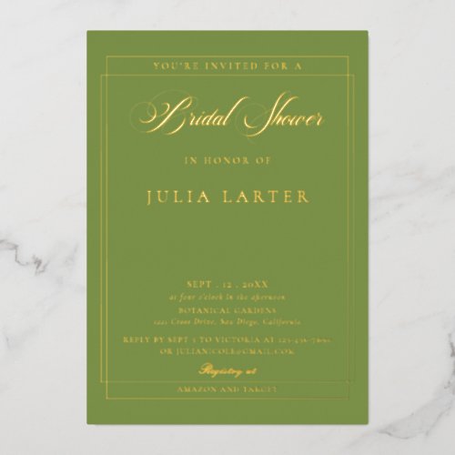 Classic Ivory Green Calligraphy Bridal Shower Foil Invitation