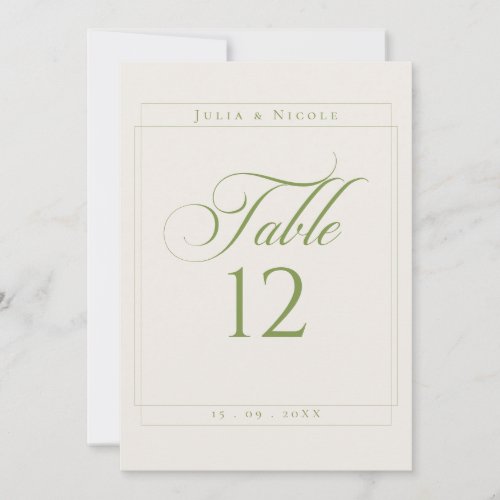 Classic Ivory Green Calligraphy Table Number