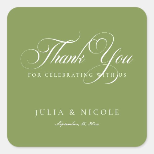 Classic Ivory Green Script Calligraphy Wedding Square Sticker
