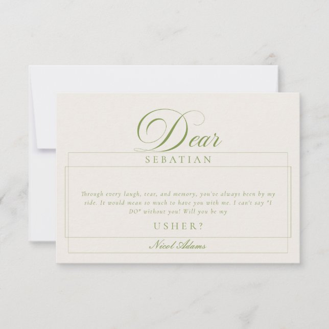 Classic Ivory Green Usher Wedding Proposal Cards (Front)
