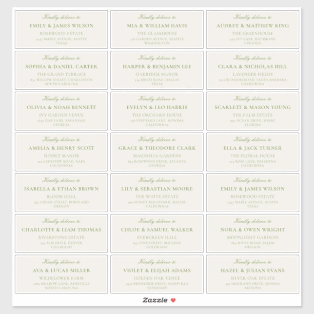 Classic Ivory Green Wedding Guest Address Labels (Sheet)