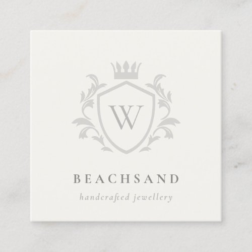 Classic Ivory Grey Monogram Floral Crown Crest Square Business Card