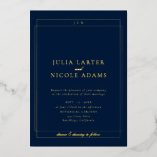 Classic Ivory Navy Blue Simple Minimalist Wedding Foil Invitation