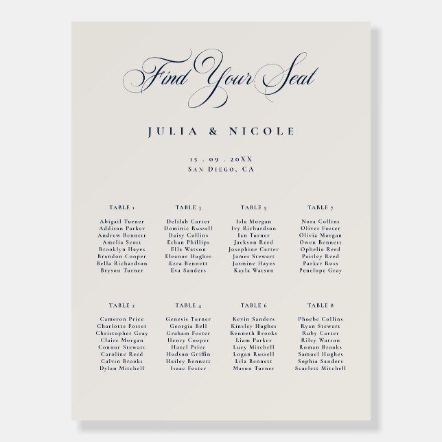 Classic Ivory Navy Blue Wedding Seating Chart Sign (Front)