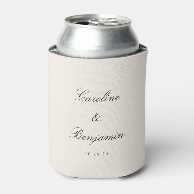 Classic Ivory Script Elegant Wedding Custom Name Can Cooler (Can Front)
