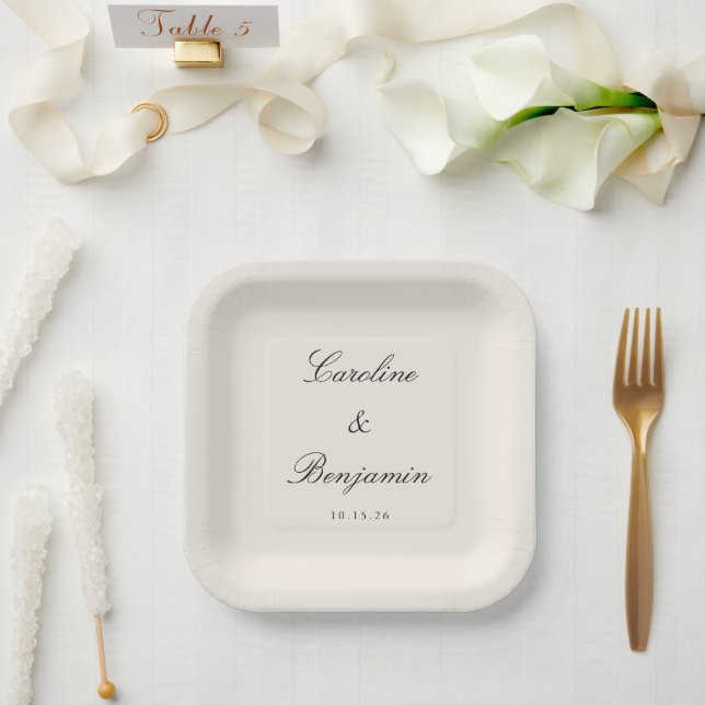 Classic Ivory Script Elegant Wedding Custom Name  Paper Plates (Wedding)