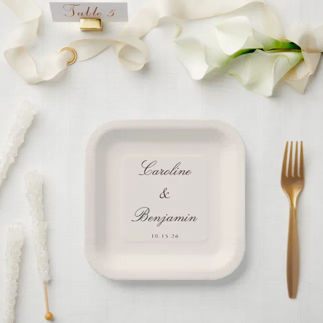 Classic Ivory Script Elegant Wedding Custom Name Paper Plates | Zazzle