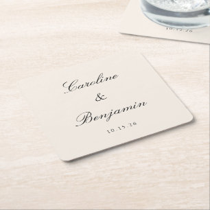 Classic Ivory Script Elegant Wedding Custom Name  Square Paper Coaster