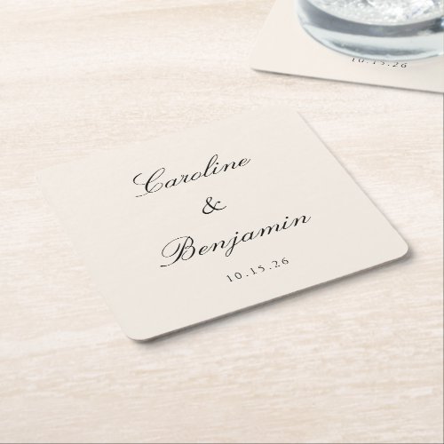 Classic Ivory Script Elegant Wedding Custom Name  Square Paper Coaster