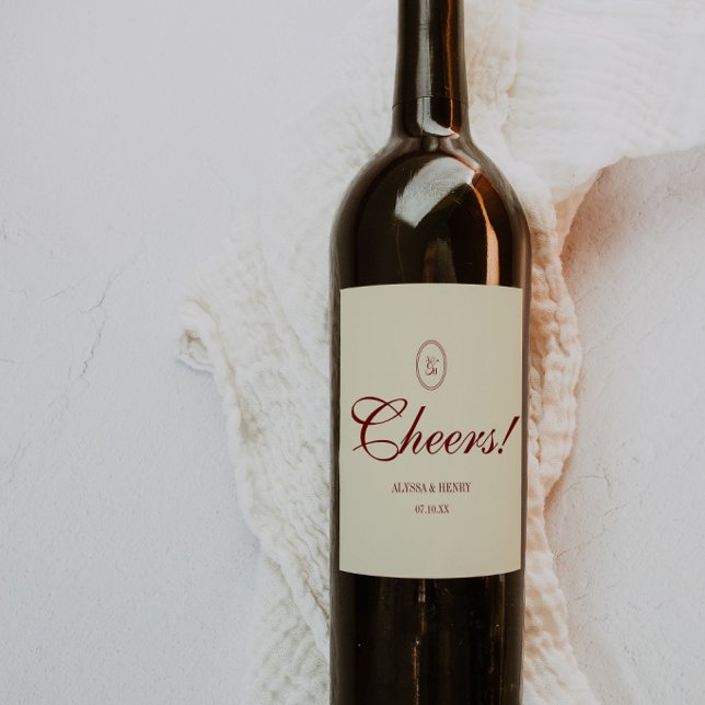 Classic Ivory & Wine Red Script "Cheers!" Wedding Label (Creator Uploaded)
