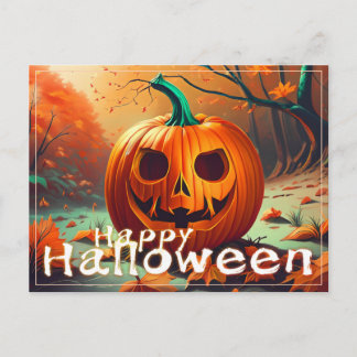 Classic Jack-o-Lantern Autumn Forest Scene Holiday Postcard