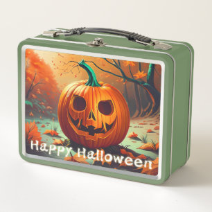 Classic Jack-o-Lantern Autumn Forest Scene Metal Lunch Box