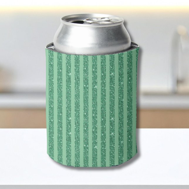 Classic Jade Green Glitter Style Vertical Stripes Can Cooler (Creator Uploaded)