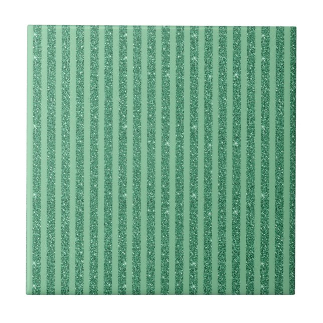 Classic Jade Green Glitter Style Vertical Stripes Ceramic Tile (Front)