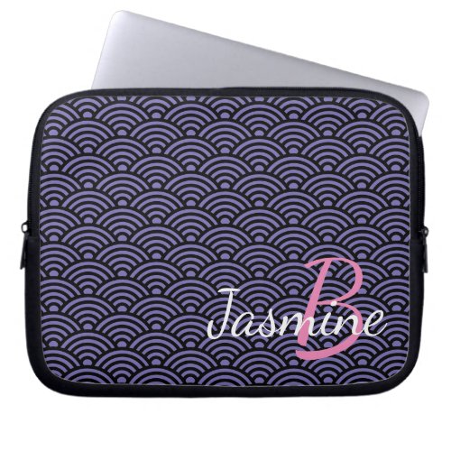 Classic Japanese Blue Wave Deco and Monogram Laptop Sleeve