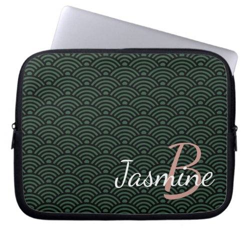 Classic Japanese Green Wave Deco and Monogram Laptop Sleeve