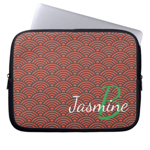 Classic Japanese Red Wave Deco and Monogram Laptop Sleeve