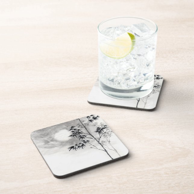 Classic  japanese sumi-e painting art bamboo moon beverage coaster (Right Side)