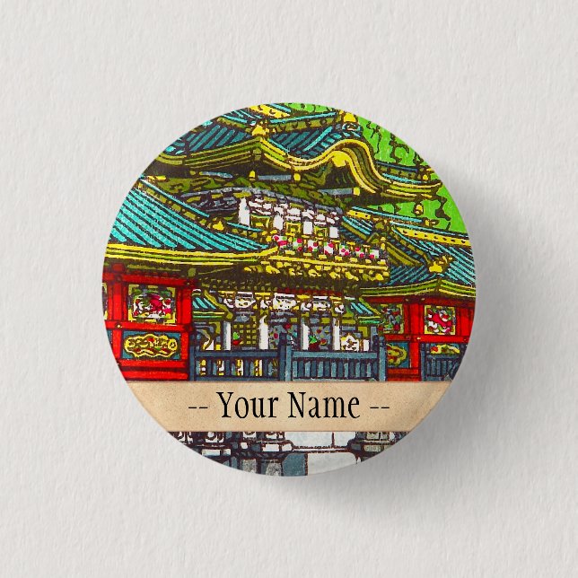 Classic japanese themed oriental scenery temple button (Front)