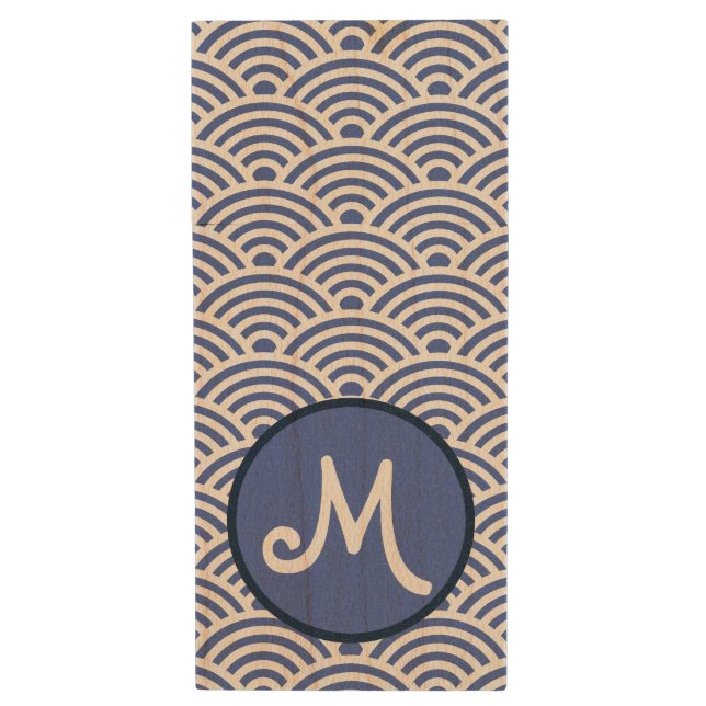 Classic Japanese Wave Pattern Monogrammed Wood Flash Drive (Front Vertical)