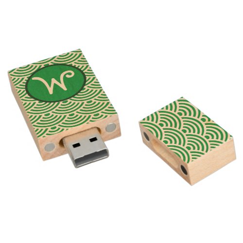 Classic Japanese Wave Pattern Monogrammed Wood Flash Drive